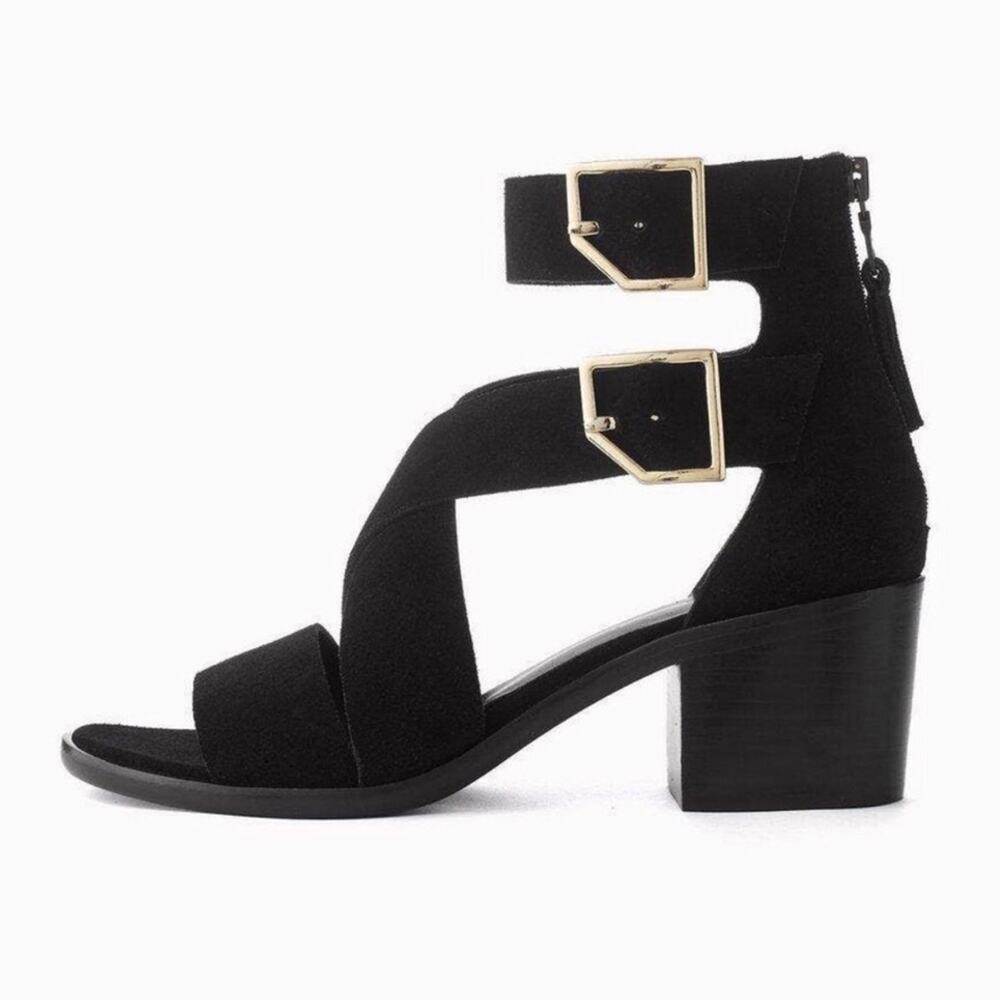 Rag & Bone Mari Black Suede Buckle Gladiator Sandal Heels Size 7 (37)